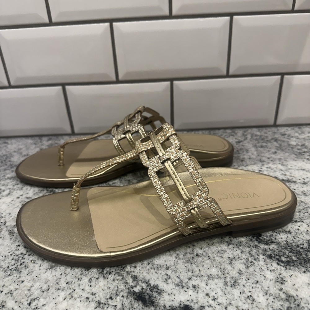 Vionic Alvana Gold Leather Thong Flat‎ Sandals Women's 8.5 Comfort Arch Support - Picture 4 of 7
